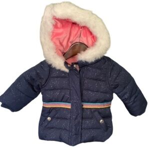 Carter's Little Girls Parka Winter Coat Size 12 Months Navy Fur Trim Hooded Coat